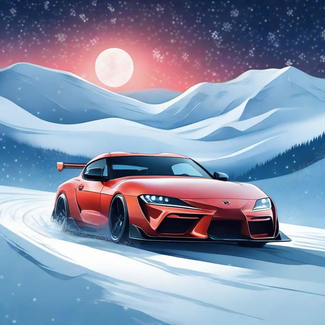 A vibrant Toyota Supra racing across a vast snowy landscape, snowflakes drifting in the air and shimmering under the spotlight of the moon