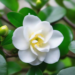 Soft white Kita Ikuyo camellia flower in full bloom, its petals glistening with fresh morning dew, contrasting sharply with the rich green of its leaves.