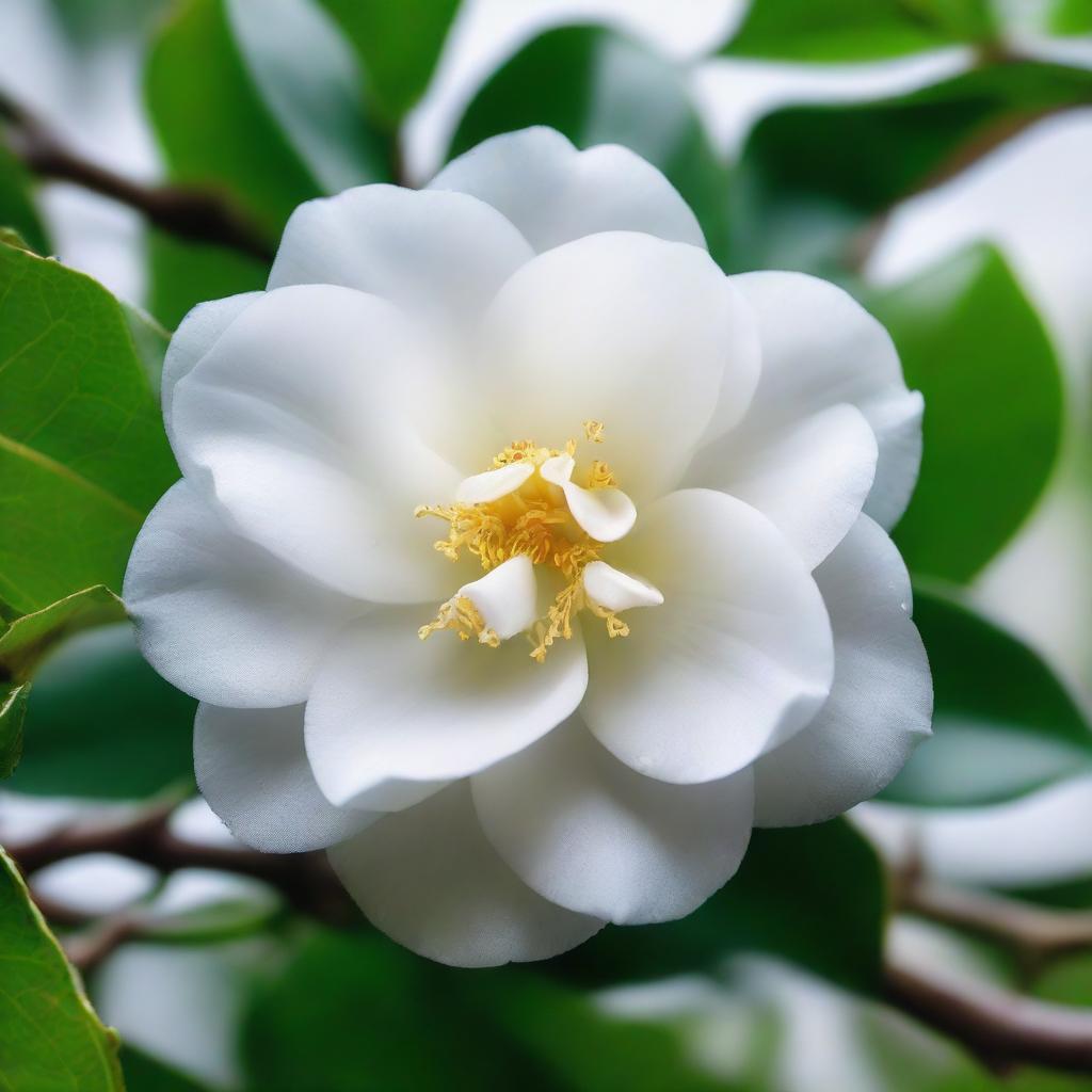 Soft white Kita Ikuyo camellia flower in full bloom, its petals glistening with fresh morning dew, contrasting sharply with the rich green of its leaves.