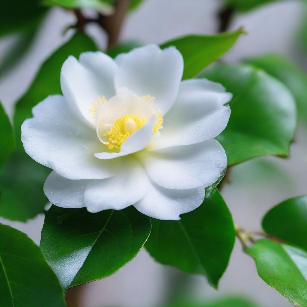 Soft white Kita Ikuyo camellia flower in full bloom, its petals glistening with fresh morning dew, contrasting sharply with the rich green of its leaves.