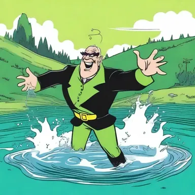 In the cartoon, the evil villain accidentally fell into the reservoir, causing a hilarious splash and turning the water green.