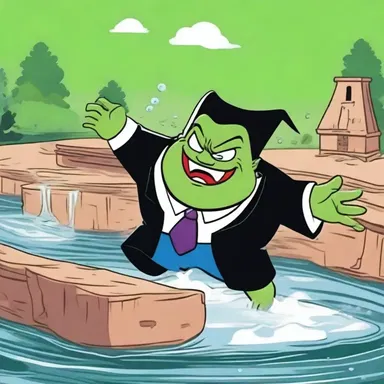 In the cartoon, the evil villain accidentally fell into the reservoir, causing a hilarious splash and turning the water green.