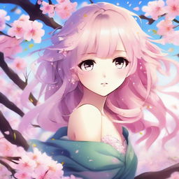 Anime style girl with bright, expressive eyes and colorful hair flowing in the wind. She's in a beautiful spring setting, surrounded by cherry blossom petals.