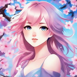 Anime style girl with bright, expressive eyes and colorful hair flowing in the wind. She's in a beautiful spring setting, surrounded by cherry blossom petals.