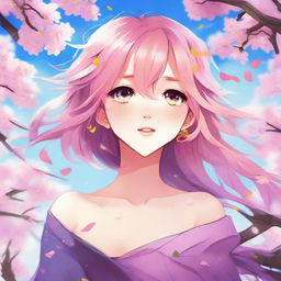 Anime style girl with bright, expressive eyes and colorful hair flowing in the wind. She's in a beautiful spring setting, surrounded by cherry blossom petals.