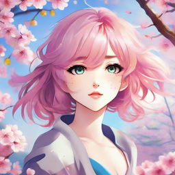 Anime style girl with bright, expressive eyes and colorful hair flowing in the wind. She's in a beautiful spring setting, surrounded by cherry blossom petals.