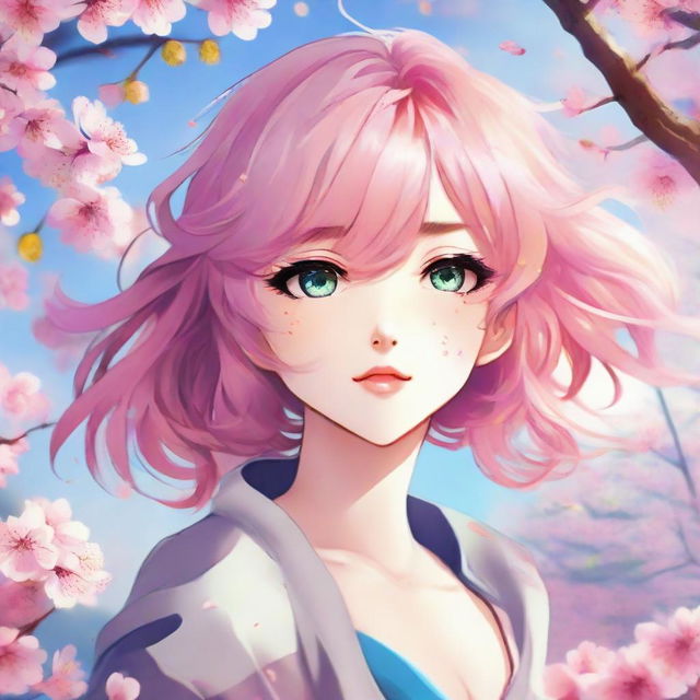 Anime style girl with bright, expressive eyes and colorful hair flowing in the wind. She's in a beautiful spring setting, surrounded by cherry blossom petals.