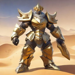 Khufra, the imposing desert-based tank character from Mobile Legends, standing tall in his distinctive gear, including his large spiky shield and gleaming golden armor, against a backdrop of shifting sand dunes.