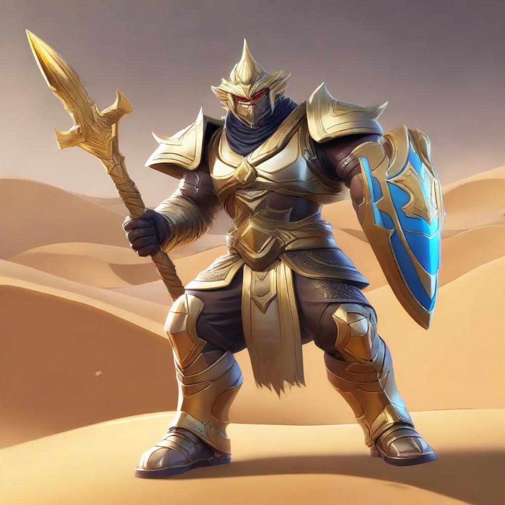 Khufra, the imposing desert-based tank character from Mobile Legends, standing tall in his distinctive gear, including his large spiky shield and gleaming golden armor, against a backdrop of shifting sand dunes.