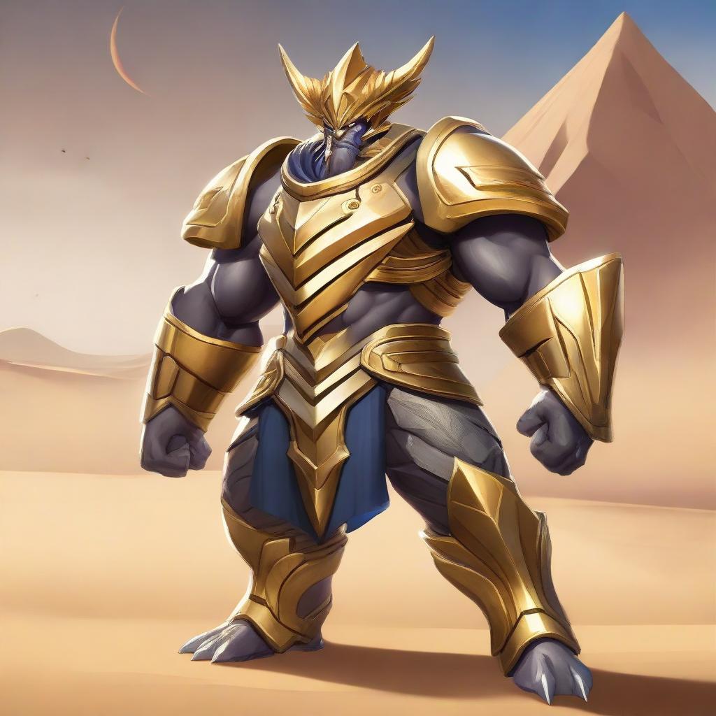 Khufra, the imposing desert-based tank character from Mobile Legends, standing tall in his distinctive gear, including his large spiky shield and gleaming golden armor, against a backdrop of shifting sand dunes.