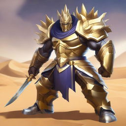 Khufra, the imposing desert-based tank character from Mobile Legends, standing tall in his distinctive gear, including his large spiky shield and gleaming golden armor, against a backdrop of shifting sand dunes.