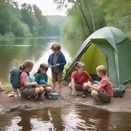 Four children, two boys and two girls, in camping clothes by a river. One child applies bug spray, one studies a compass. Behind is a pitched tent, beside a sleeping bag, first-aid kit, and fishing rod. A man prepares to dive into the river.