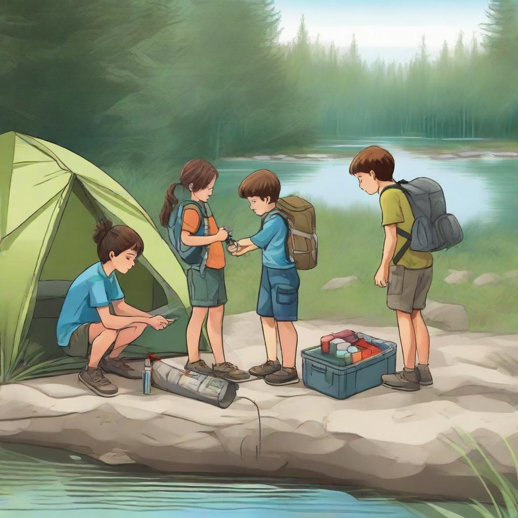 Four children, two boys and two girls, in camping clothes by a river. One child applies bug spray, one studies a compass. Behind is a pitched tent, beside a sleeping bag, first-aid kit, and fishing rod. A man prepares to dive into the river.