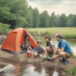 Four children, two boys and two girls, in camping clothes by a river. One child applies bug spray, one studies a compass. Behind is a pitched tent, beside a sleeping bag, first-aid kit, and fishing rod. A man prepares to dive into the river.