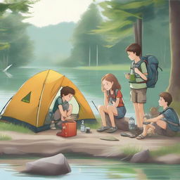 Four children, two boys and two girls, in camping clothes by a river. One child applies bug spray, one studies a compass. Behind is a pitched tent, beside a sleeping bag, first-aid kit, and fishing rod. A man prepares to dive into the river.