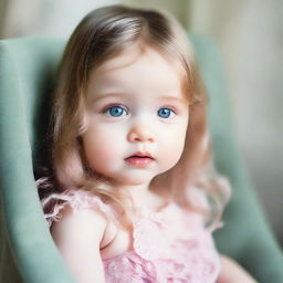 A sweet baby with long hair, green eyes, and pink lips sitting on a chair.