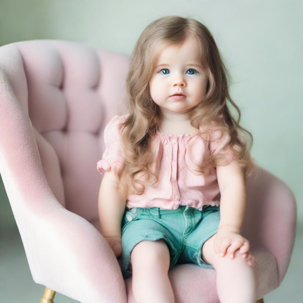 A sweet baby with long hair, green eyes, and pink lips sitting on a chair.