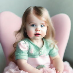 A sweet baby with long hair, green eyes, and pink lips sitting on a chair.