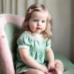 A sweet baby with long hair, green eyes, and pink lips sitting on a chair.