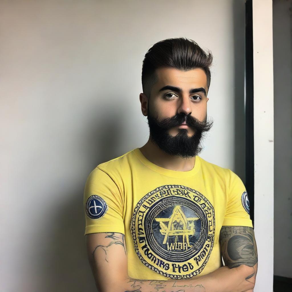 Create me : My name is Fatih Çelen I am an engineer. I am 24 years old. I love swallow and have a swallow tattoo on my left arm. I love Fenerbahçe and machine. My hair cut like russian soldier.my mustache and beard are like V for vandetta 