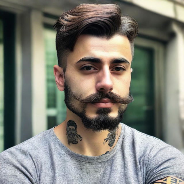 Create me : My name is Fatih Çelen I am an engineer. I am 24 years old. I love swallow and have a swallow tattoo on my left arm. I love Fenerbahçe and machine. My hair cut like russian soldier.my mustache and beard are like V for vandetta 