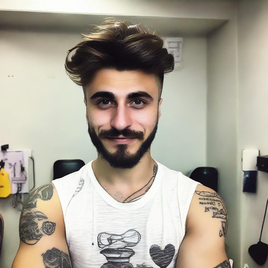 Create me : My name is Fatih Çelen I am an engineer. I am 24 years old. I love swallow and have a swallow tattoo on my left arm. I love Fenerbahçe and machine. My haircut short and like russian soldier.my mustache and beard are like V for vandetta 