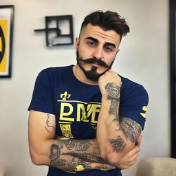 Create me : My name is Fatih Çelen I am an engineer. I am 24 years old. I love swallow and have a swallow tattoo on my left arm. I love Fenerbahçe and machine. My haircut short and like russian soldier.my mustache and beard are . Last third picture is looking like me