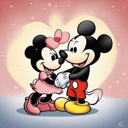 A delightful animation capturing a tender moment where Mickey Mouse is falling in love with Minnie Mouse, their expressions radiating affection.