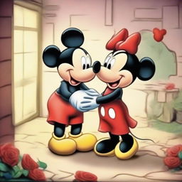 Mickey Mouse and Minnie Mouse in a romantic setting, their eyes locking as they express their love for each other