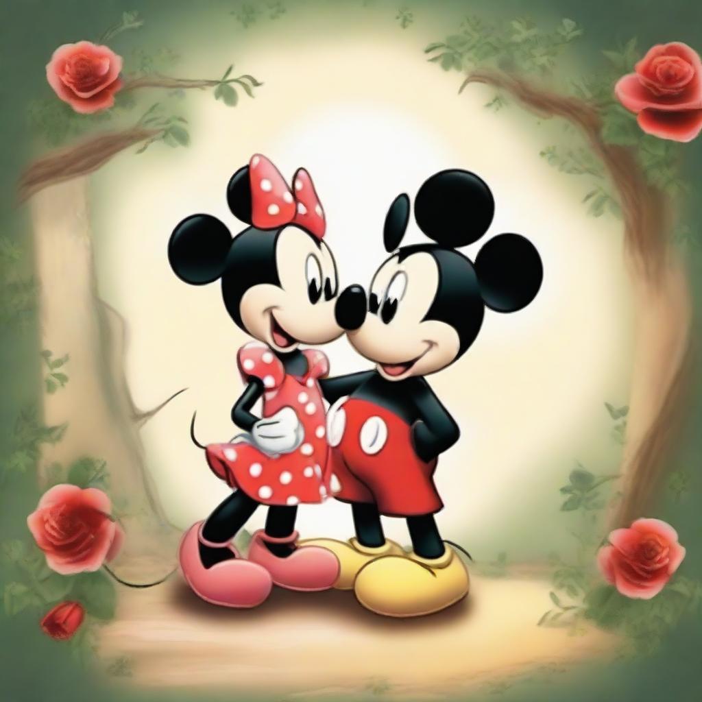 Mickey Mouse and Minnie Mouse in a romantic setting, their eyes locking as they express their love for each other