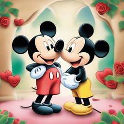 Mickey Mouse and Minnie Mouse in a romantic setting, their eyes locking as they express their love for each other