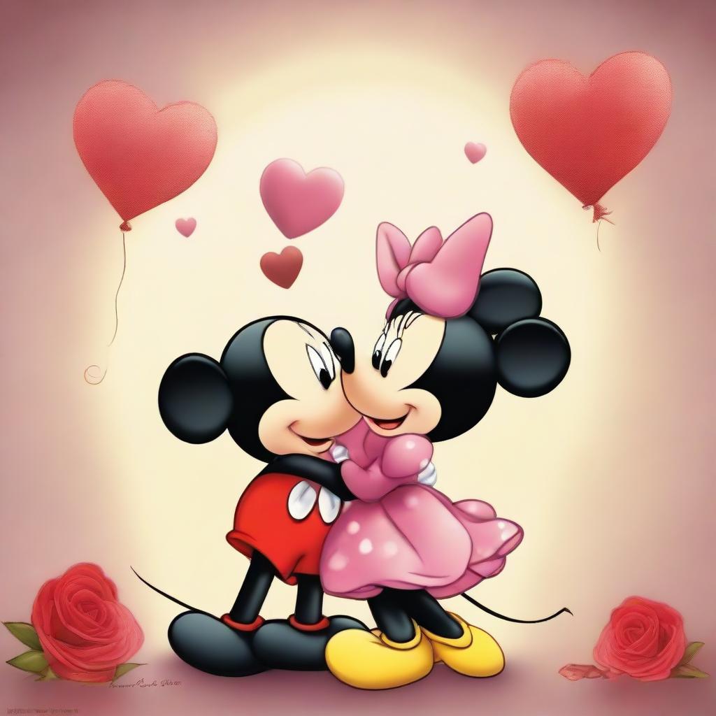 Mickey Mouse and Minnie Mouse in a romantic setting, their eyes locking as they express their love for each other