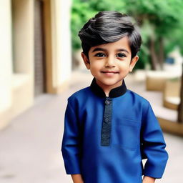 A young boy of 6 inches tall with bold black hairstyle wearing blue shalwar qameez, and featuring a beard on his face.