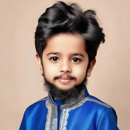 A young boy of 6 inches tall with bold black hairstyle wearing blue shalwar qameez, and featuring a beard on his face.