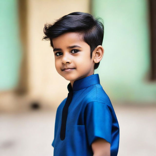 A young boy of 6 inches tall with bold black hairstyle wearing blue shalwar qameez, and featuring a beard on his face.