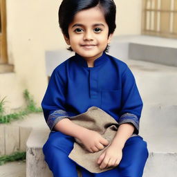 A young boy of 6 inches tall with bold black hairstyle wearing blue shalwar qameez, and featuring a beard on his face.