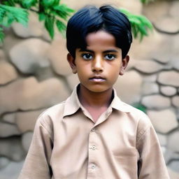 A young boy, 6 foot tall, with black eyes and black hair, wearing shalwar.