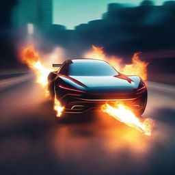 A man with his futuristic car emitting fire from its exhausts, speeding on a straight road at night.