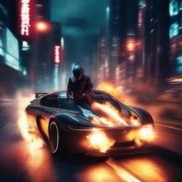 A man with his futuristic car emitting fire from its exhausts, speeding on a straight road at night.