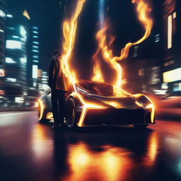 A man with his futuristic car emitting fire from its exhausts, speeding on a straight road at night.