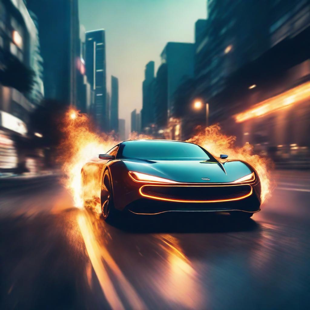 A man with his futuristic car emitting fire from its exhausts, speeding on a straight road at night.