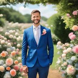 A husband in a smart suit standing in a lush, blooming garden decorated for a wedding ceremony under a bright blue sky.