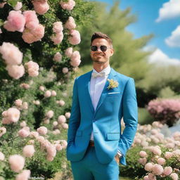 A husband in a smart suit standing in a lush, blooming garden decorated for a wedding ceremony under a bright blue sky.