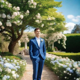 A husband in a smart suit standing in a lush, blooming garden decorated for a wedding ceremony under a bright blue sky.