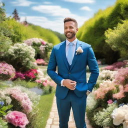 A husband in a smart suit standing in a lush, blooming garden decorated for a wedding ceremony under a bright blue sky.