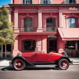 A 1920's vintage car in crimson color parked in front of a classic French café on a sunny day. The reflection of the café should bounce off its polished shimmering surface.