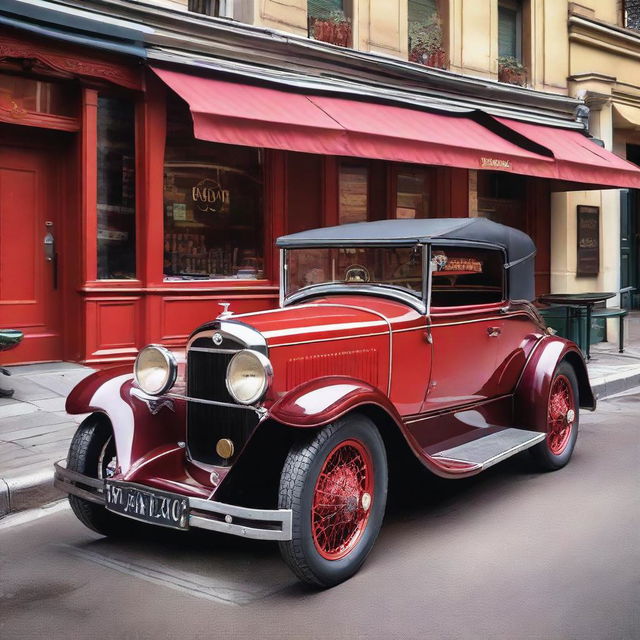 A 1920's vintage car in crimson color parked in front of a classic French café on a sunny day. The reflection of the café should bounce off its polished shimmering surface.