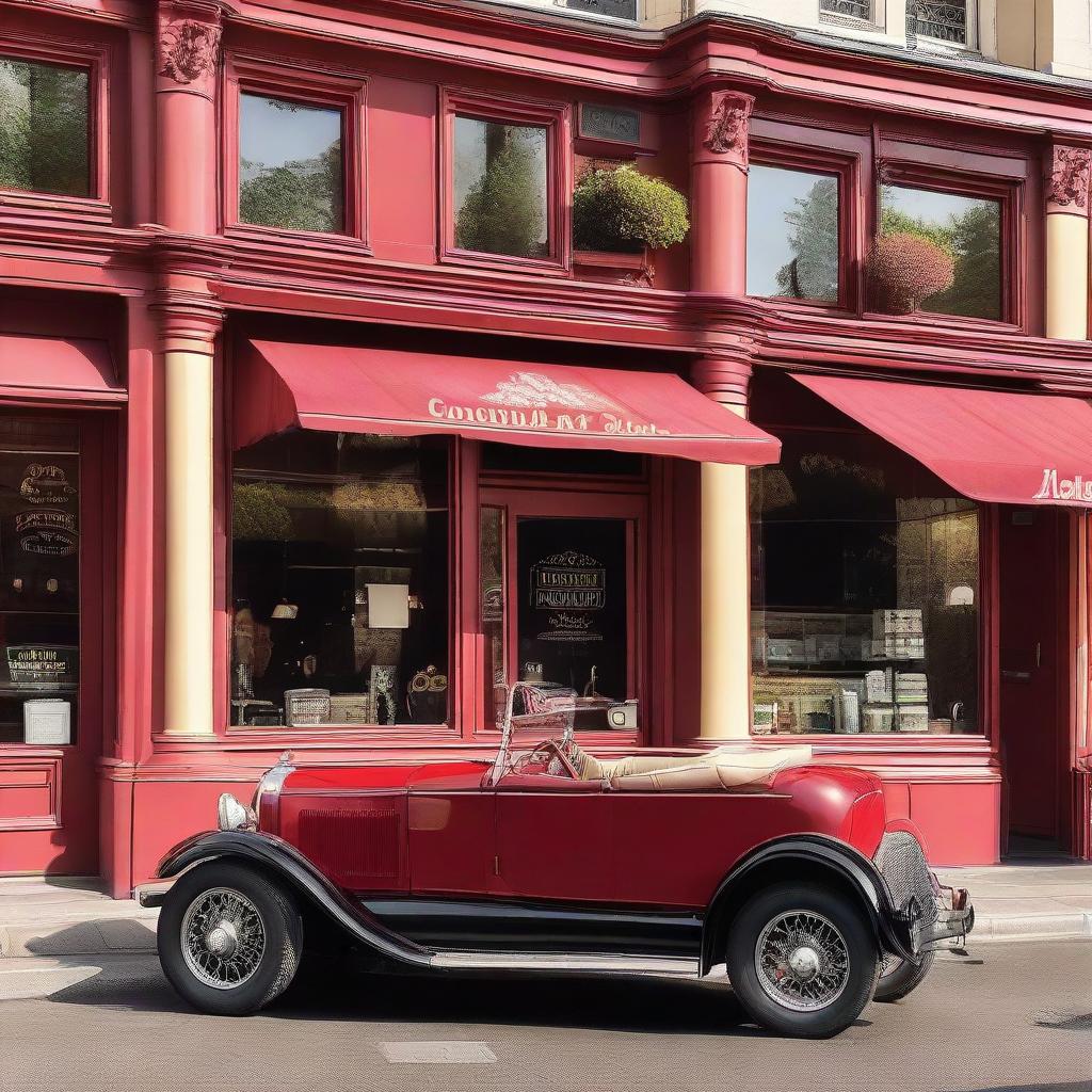 A 1920's vintage car in crimson color parked in front of a classic French café on a sunny day. The reflection of the café should bounce off its polished shimmering surface.