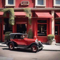 A 1920's vintage car in crimson color parked in front of a classic French café on a sunny day. The reflection of the café should bounce off its polished shimmering surface.