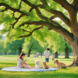 Generate an image of a summer vacation with a family having picnic in a green blooming park under a large old oak tree, kids playing frisbee and a small cute puppy running on the grass